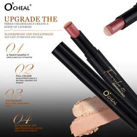 O'CHEAL texture swatches on skin showing matte, pearlescent, and glitter finishes for layering