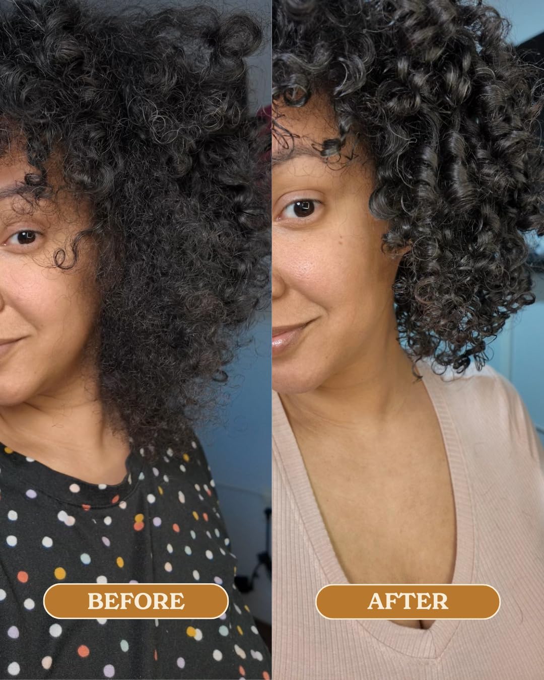 OCOA lifestyle shot of woman with defined curls demonstrating curl definition and bounce
