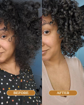 OCOA lifestyle shot of woman with defined curls demonstrating curl definition and bounce