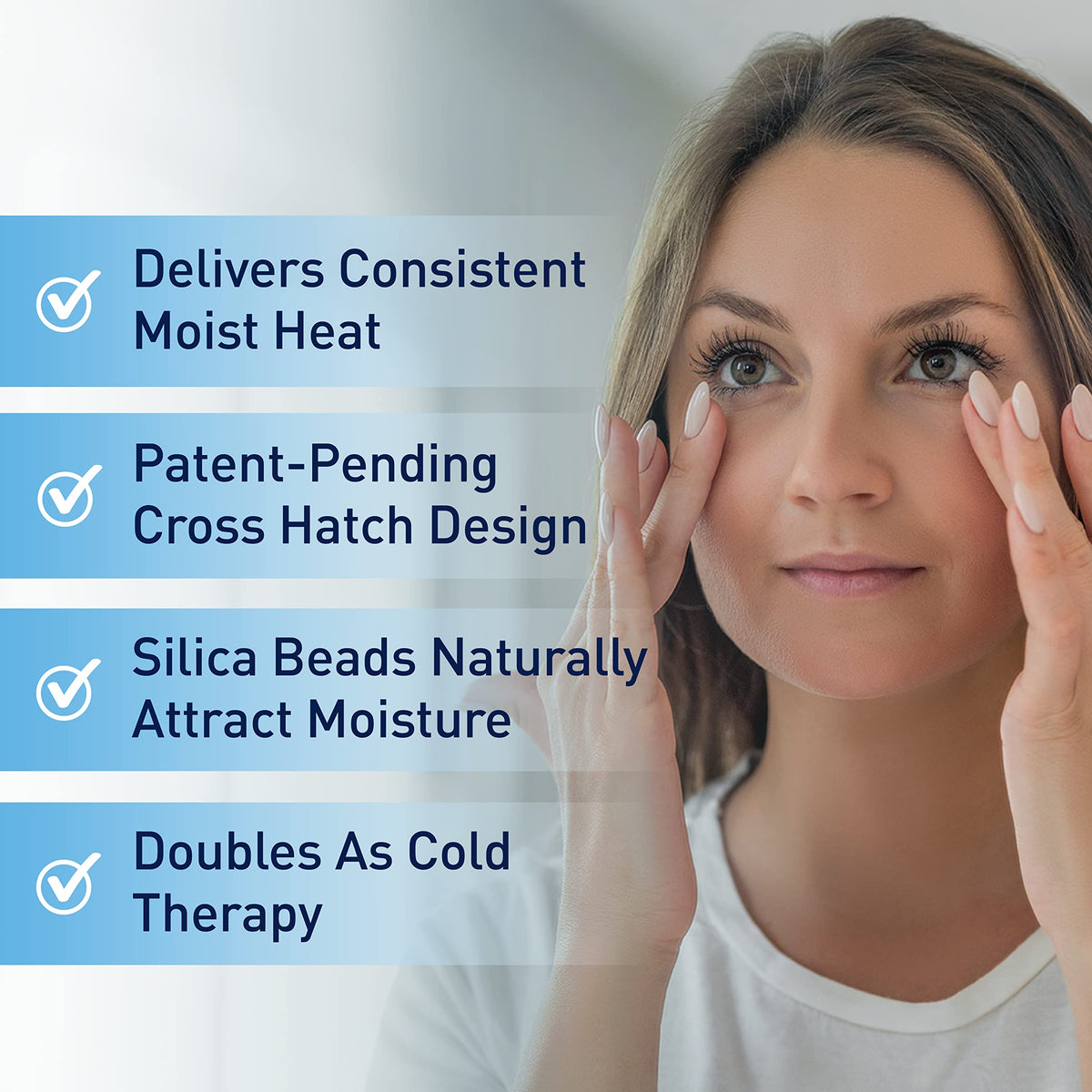 OCuSOFT Ocusoft Dry Eye Mask Basic next to a hand to show scale and portable convenience