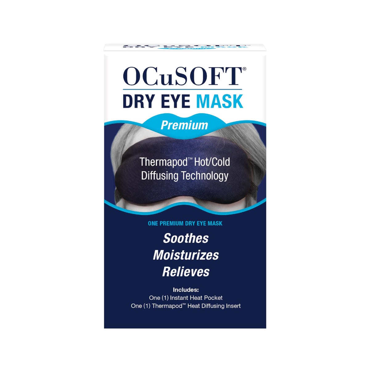 OCuSOFT mask front view showing packaging and immediate comfort benefits