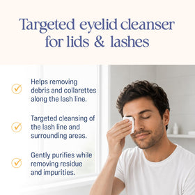 OCuSOFT bottle in a bathroom setting suggesting daily eyelid hygiene routine