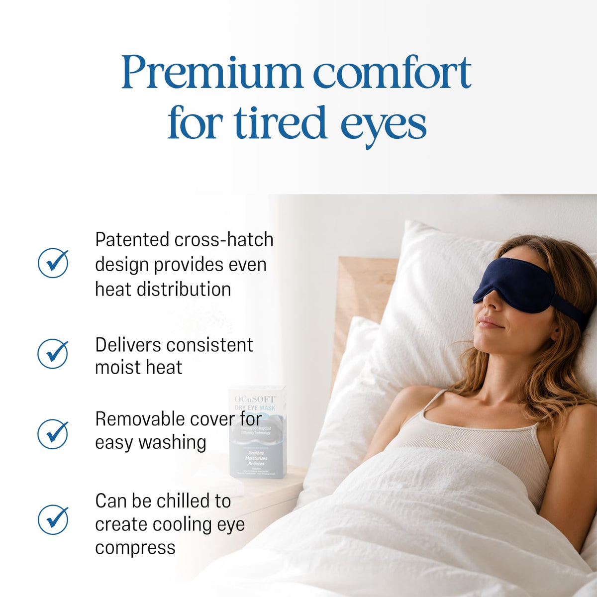 OCuSOFT mask next to hand to show compact size and travel convenience