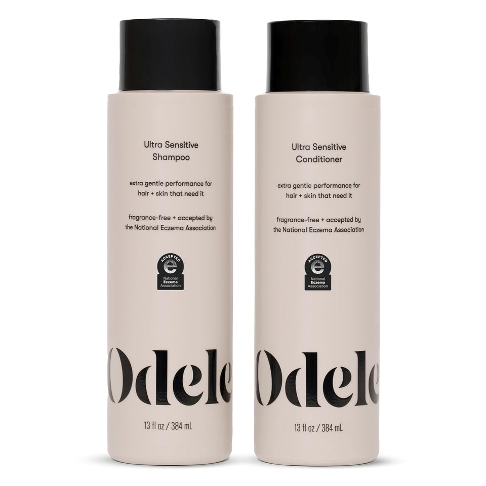 Odele front packaging showing shampoo and conditioner with clear labeling and benefits