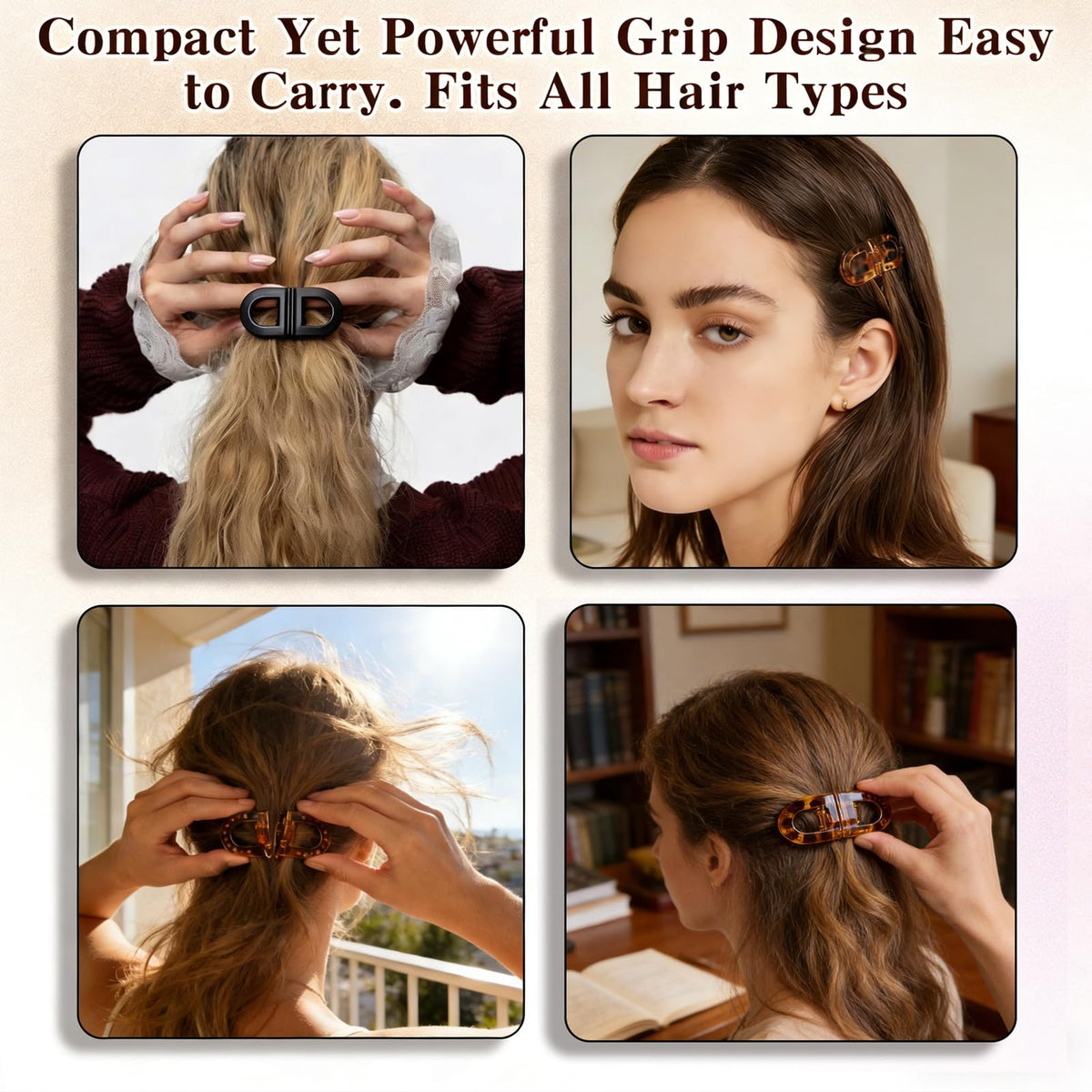 OFIGAS clip holding a half-up hairstyle offering quick polished finish