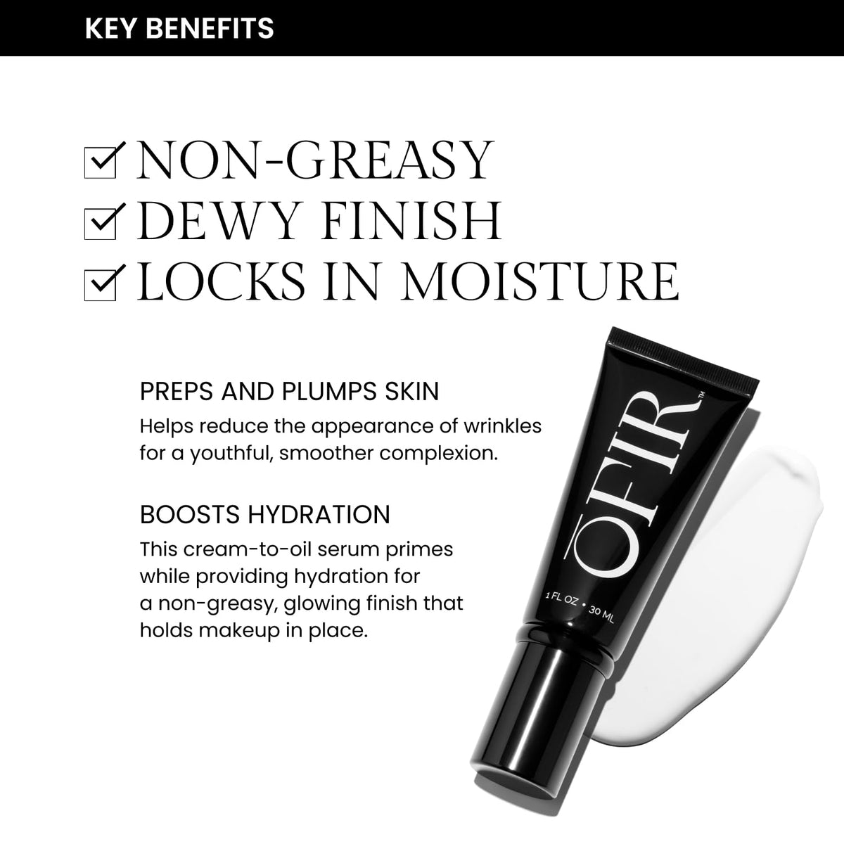 OFIR skin close-up after application showing dewy, plumped finish