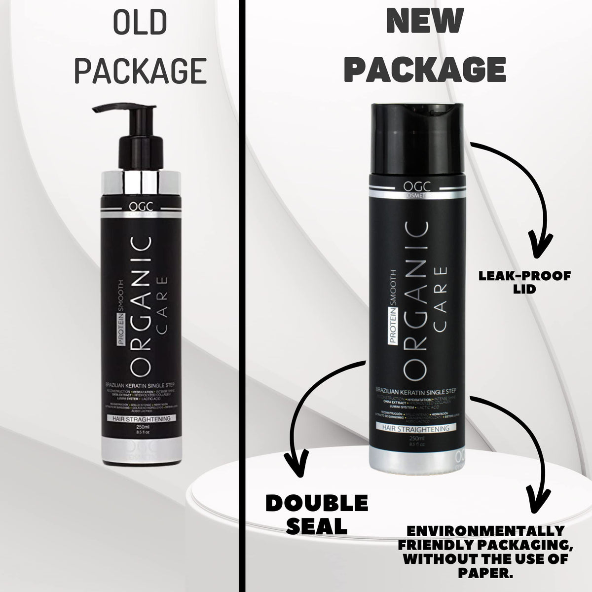 OGC Cosmetics flat-iron sealing strands showing long-lasting smoothness benefit