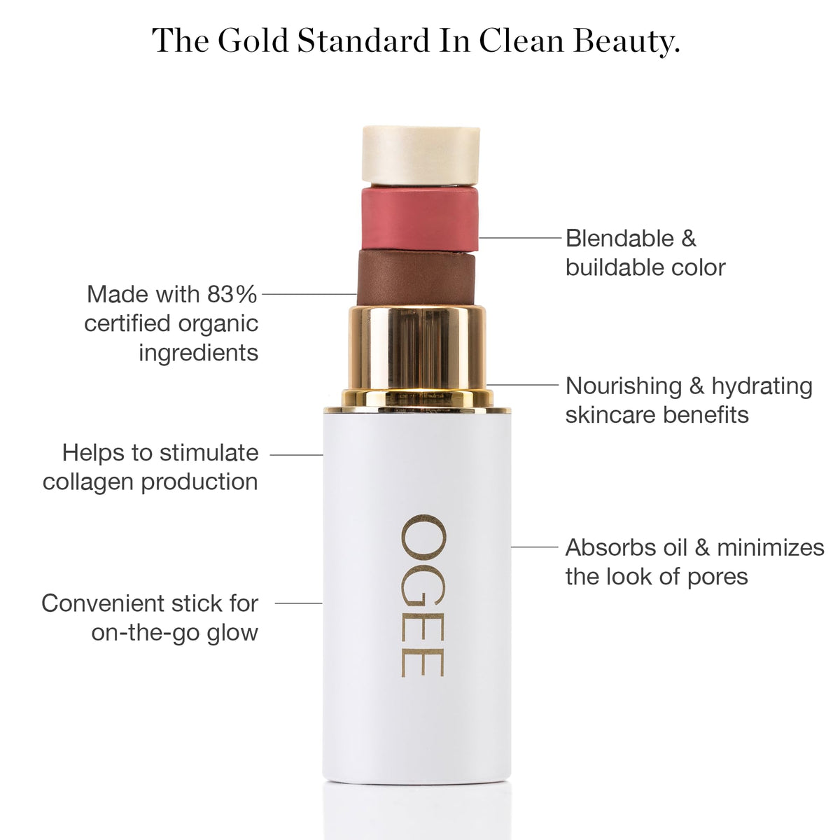 Ogee bronzer stick close-up showing creamy texture and buildable bronze