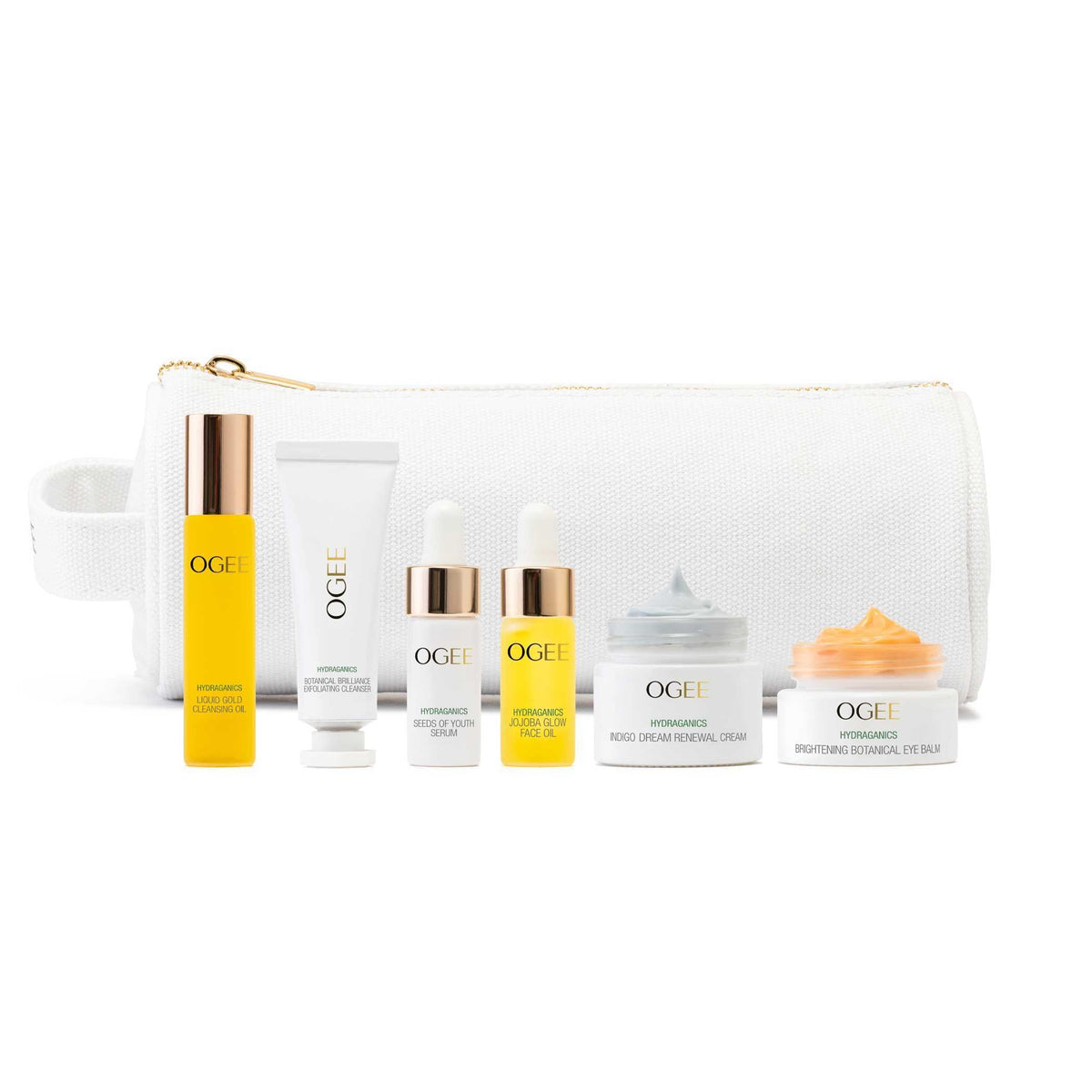 Ogee discovery set front view showing all travel-size products and bag for convenient routine