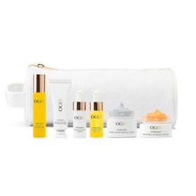 Ogee discovery set front view showing all travel-size products and bag for convenient routine