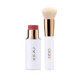 Ogee front packaging showing the blush stick and brush for convenient travel