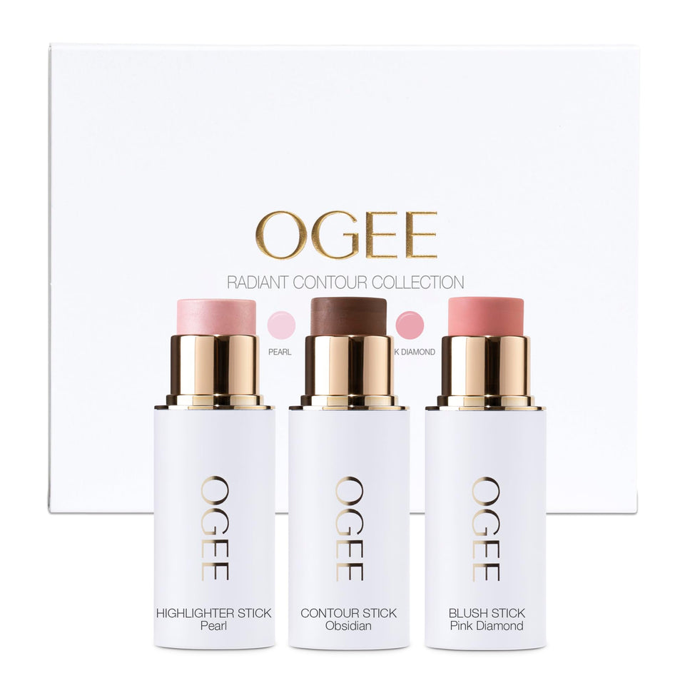 Ogee face stick trio front packaging showing all three sticks and benefits