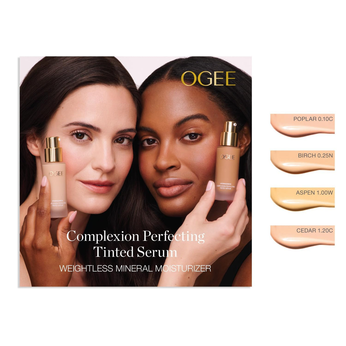 Ogee foundation poured near jojoba oil bottle showing hydration benefit
