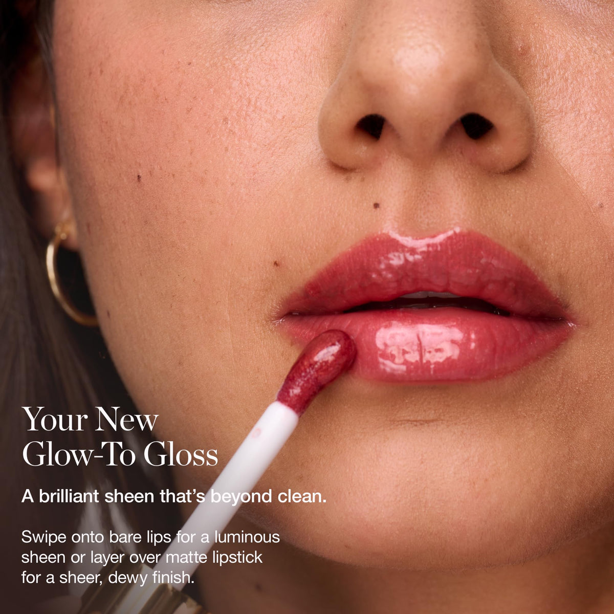 Ogee Foxglove Lip Gloss tube and wand showing glossy non-sticky finish benefit