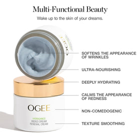 Ogee cream on fingertip demonstrating smooth application and spreadability benefit