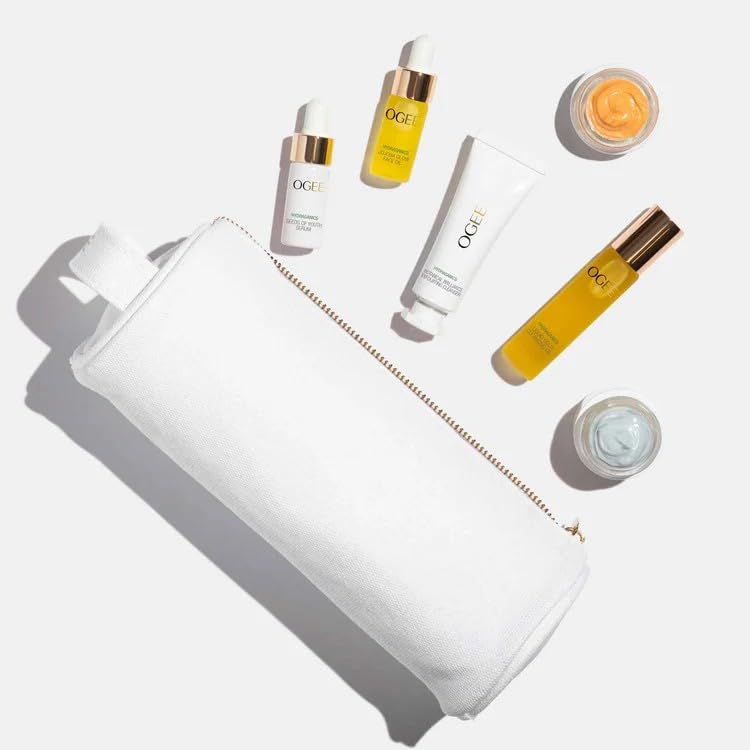 Ogee organic cotton beauty bag open with sample bottles visible for organized travel