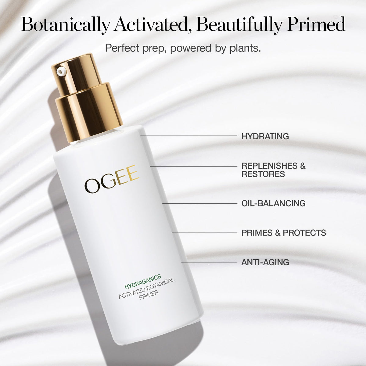 Ogee primer pump and label detail showing ingredients and organic claim
