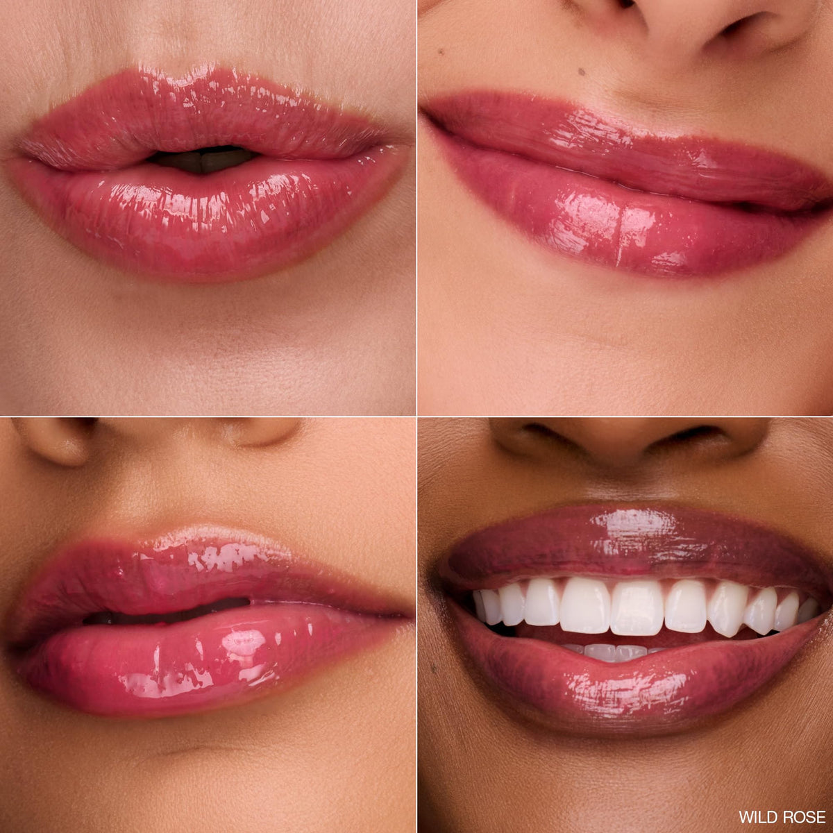 Ogee lip swipe on model demonstrating Wild Rose color and naturally plumped look benefit