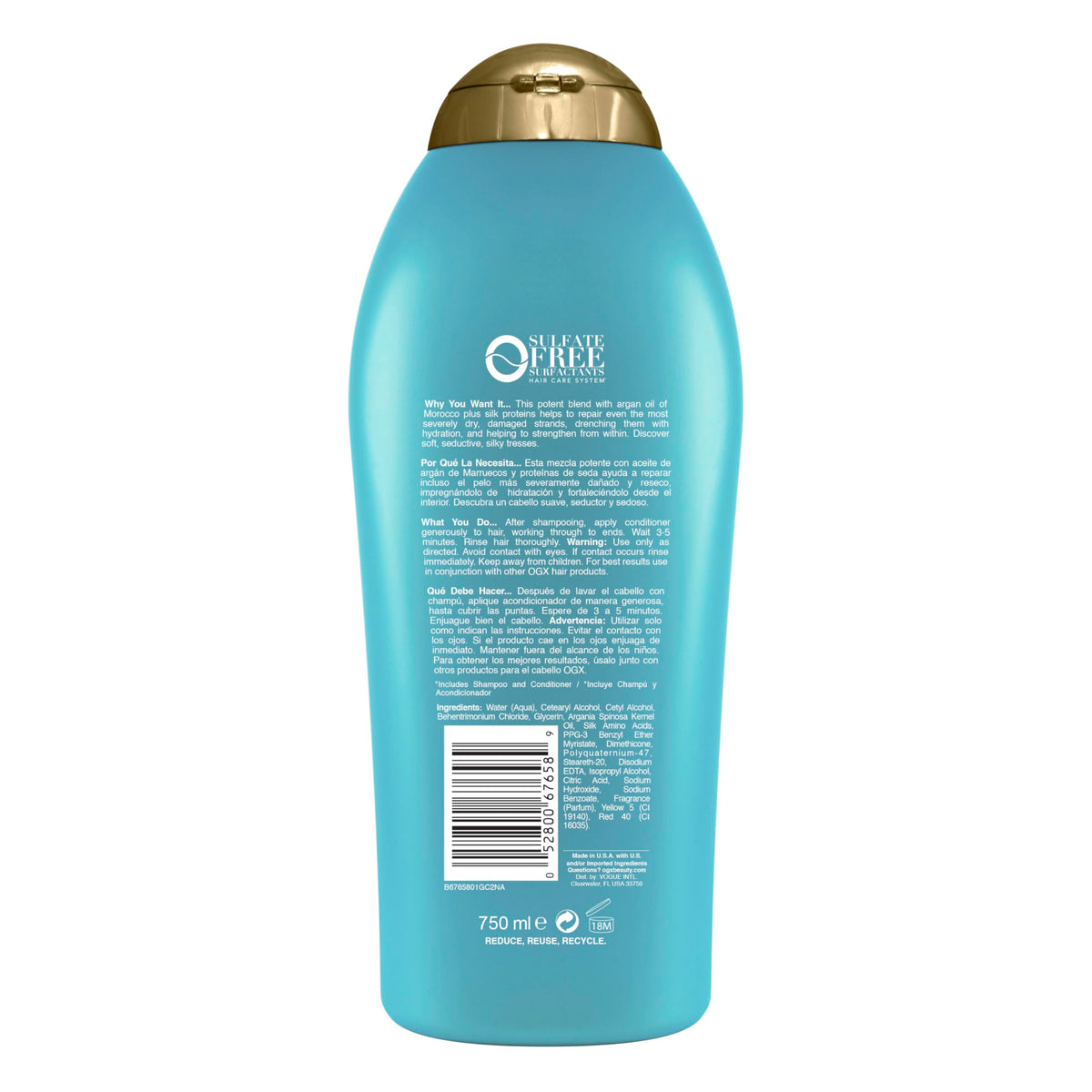 OGX 25.4 fl oz bottle next to hand showing product size and value