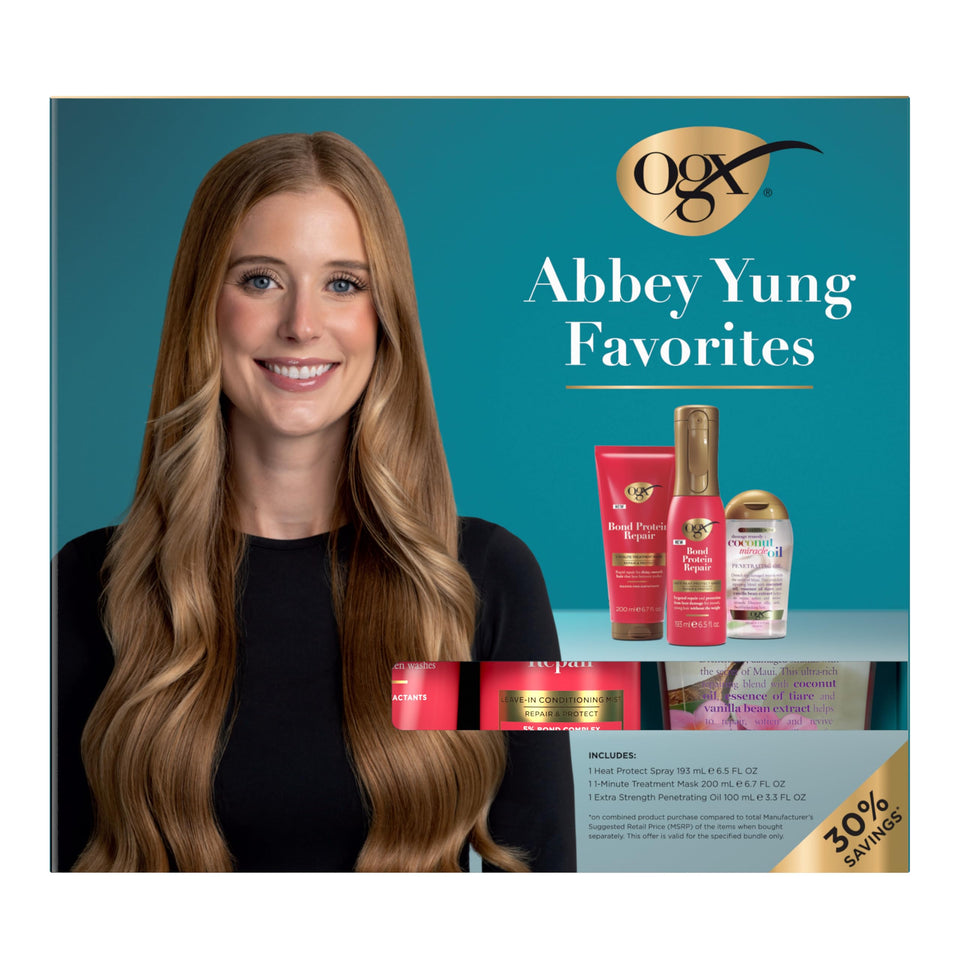 OGX front packaging of Abbey Yung set showing full kit and benefits
