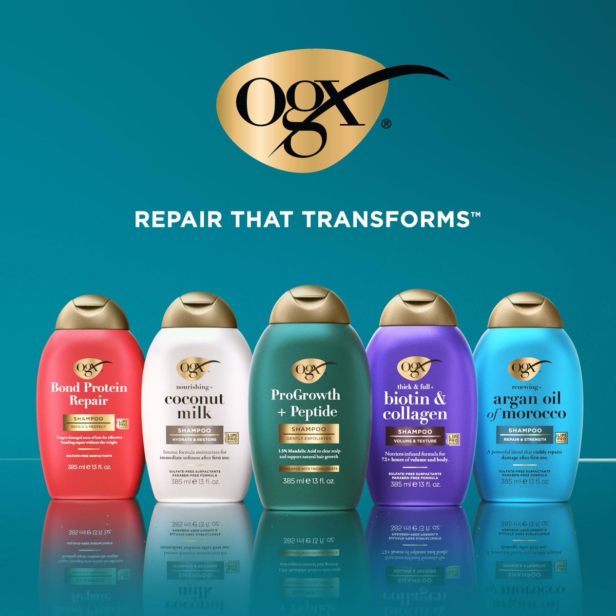 OGX styled shiny hair after use showing strengthened, glossy benefit