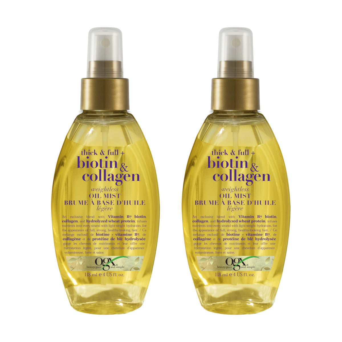 OGX front packaging showing two 4 fl oz weightless oil mists for added shine