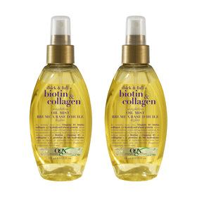 OGX front packaging showing two 4 fl oz weightless oil mists for added shine