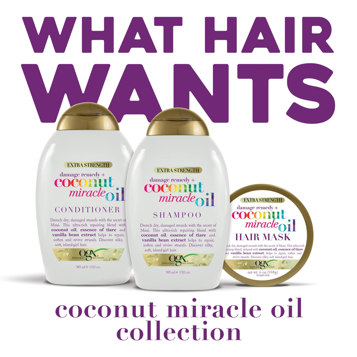 OGX bottle label detail highlighting ingredients and gentle formulation benefit