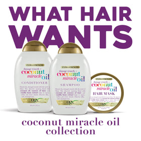 OGX bottle label detail highlighting ingredients and gentle formulation benefit