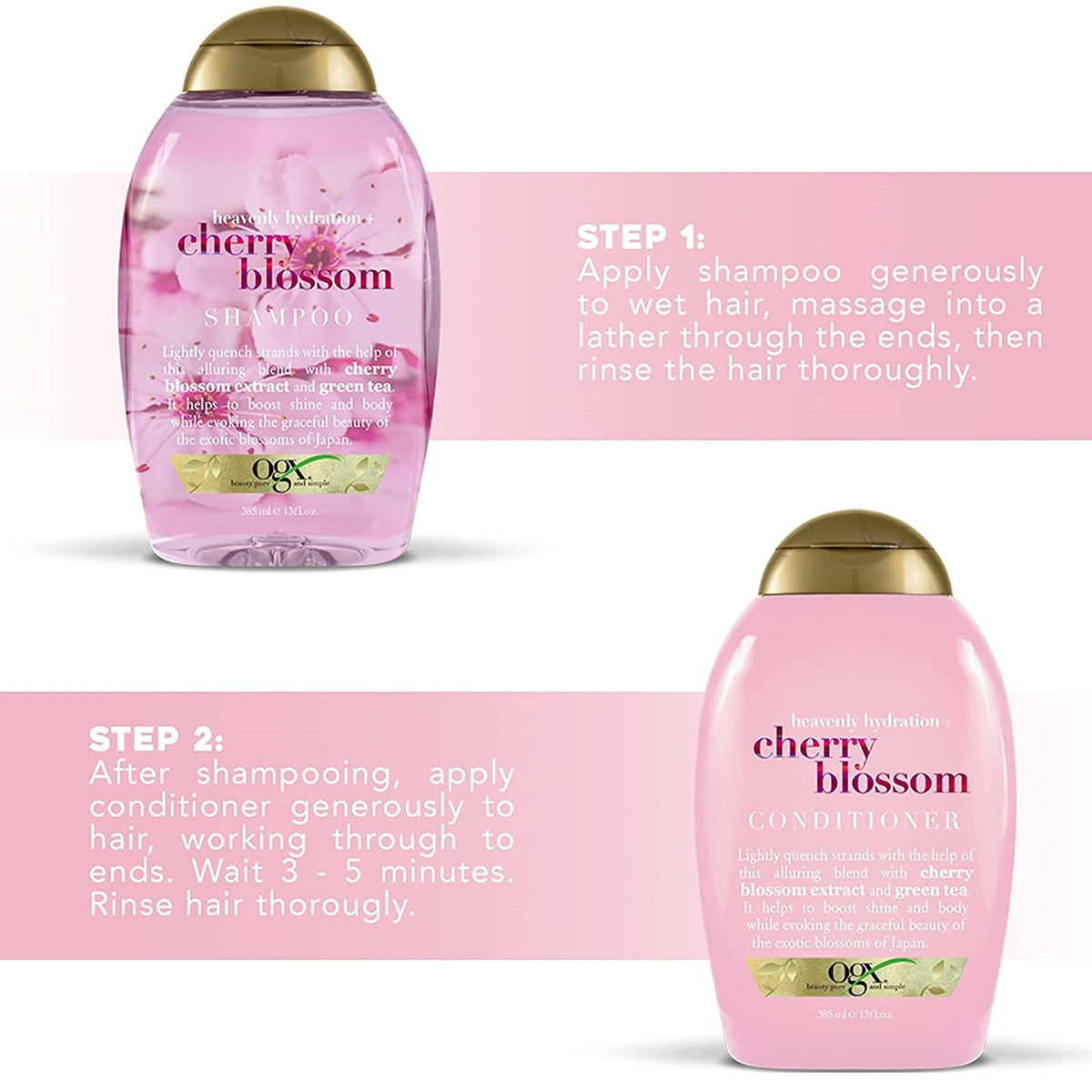 OGX cherry blossom close-up emphasizing botanical extract and delicate fragrance