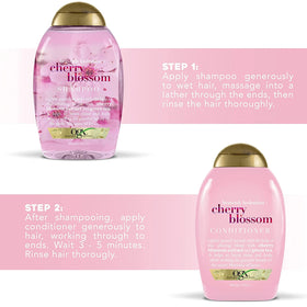 OGX cherry blossom close-up emphasizing botanical extract and delicate fragrance