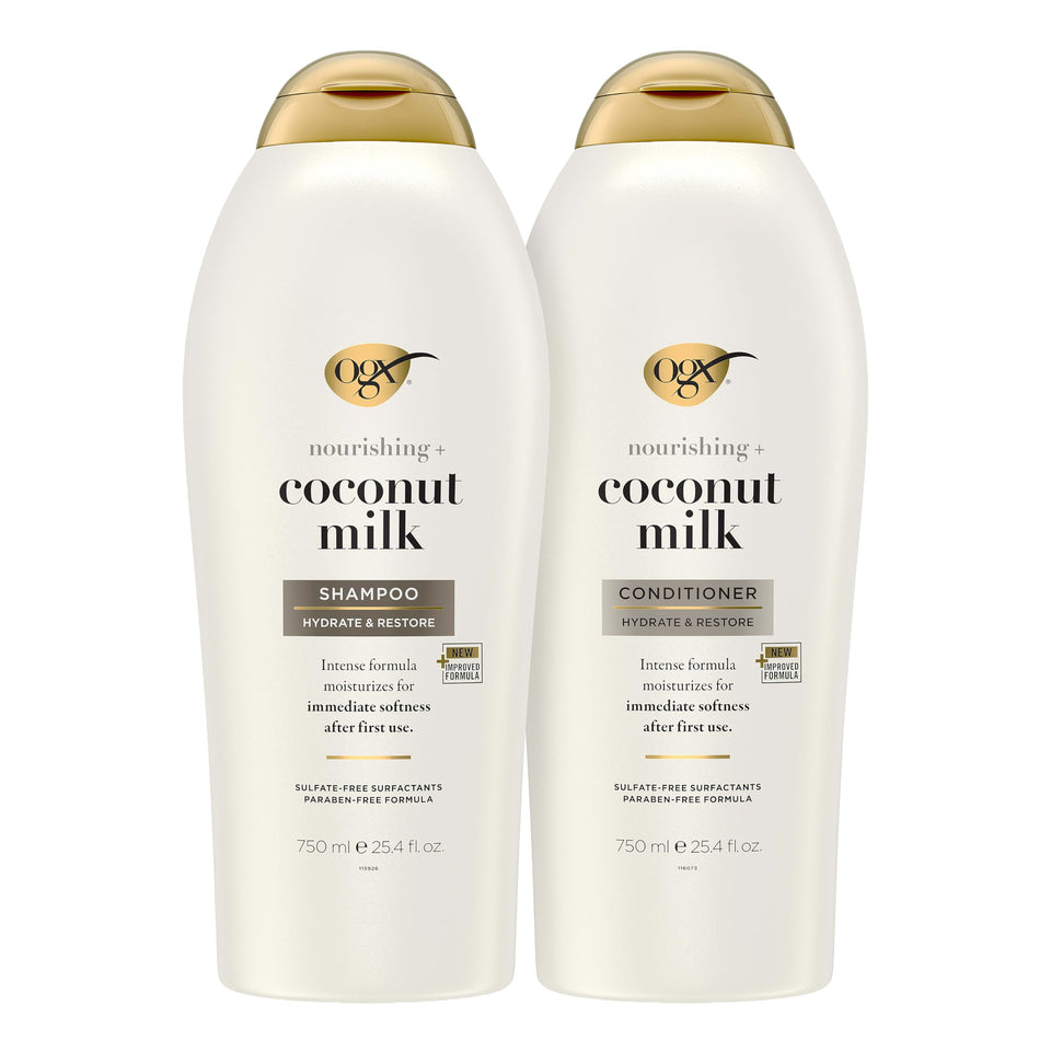 OGX front packaging showing two coconut milk bottles for long-lasting hydration