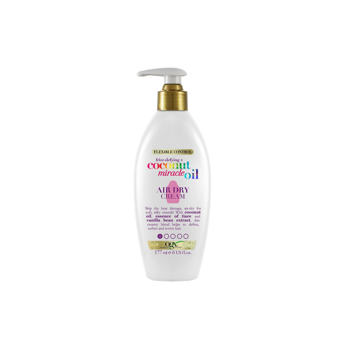 OGX coconut miracle oil front packaging showing bottle and glossy finish benefit