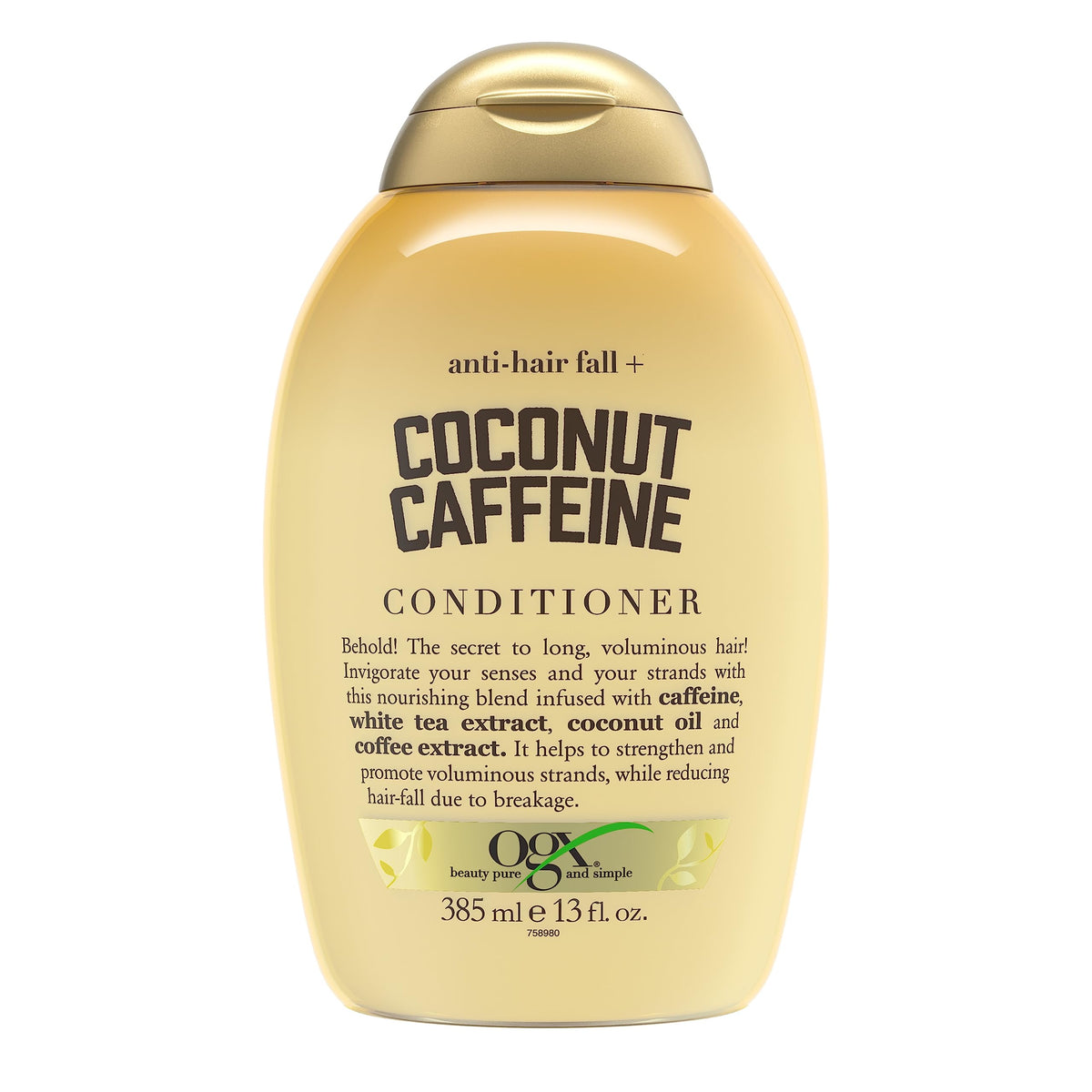 OGX front bottle showing coconut caffeine formula and clear branding benefits