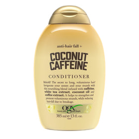 OGX front bottle showing coconut caffeine formula and clear branding benefits