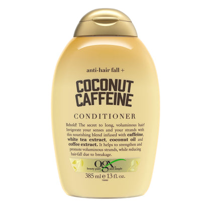 OGX front bottle showing coconut caffeine formula and clear branding benefits