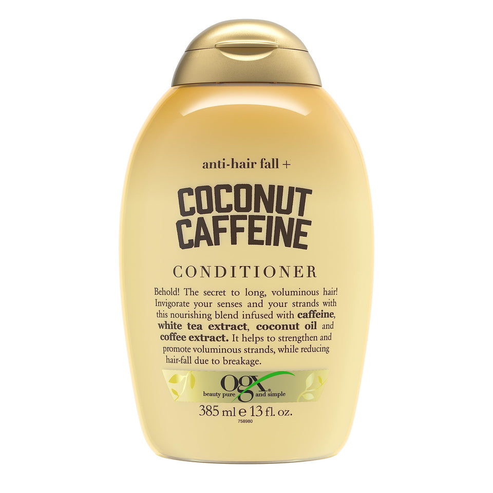 OGX front bottle showing coconut caffeine formula and clear branding benefits