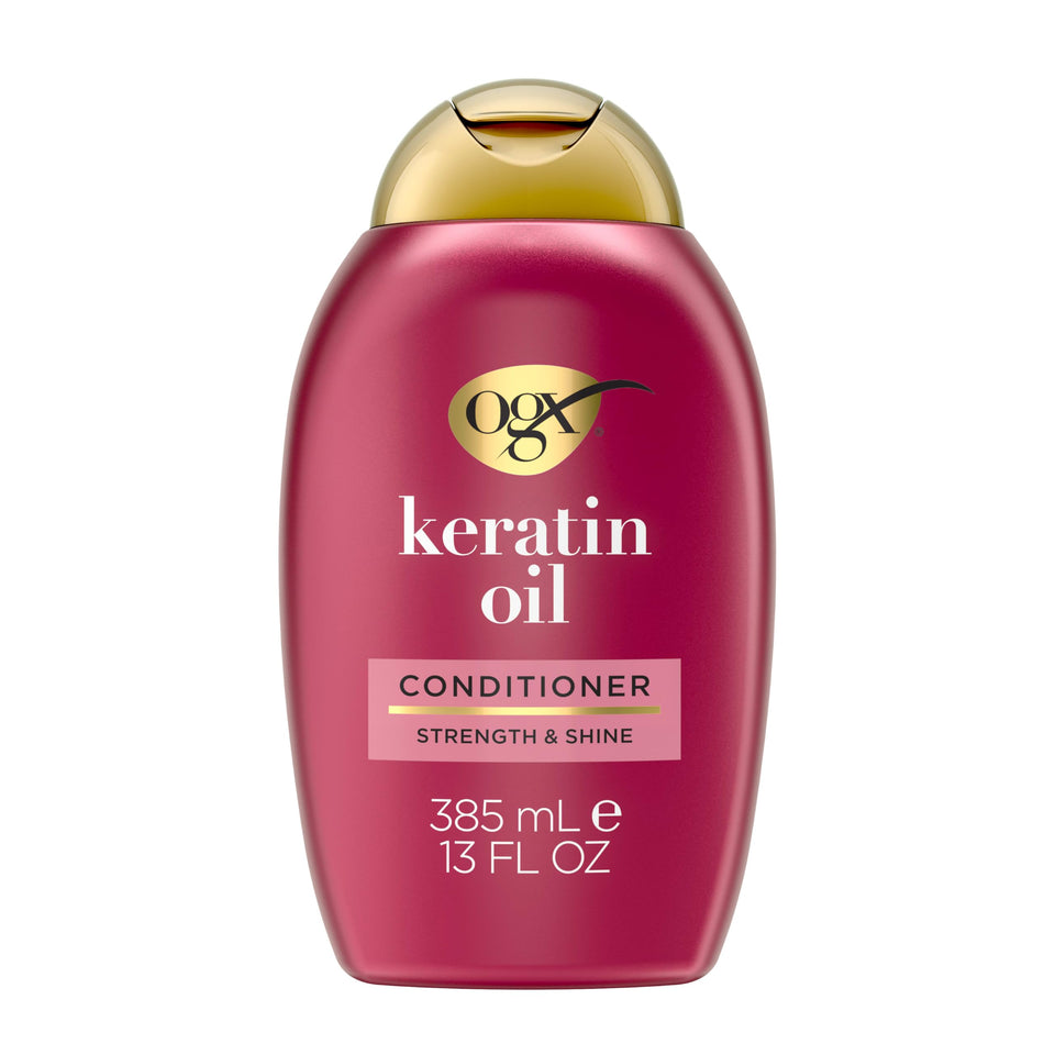 OGX front bottle of keratin oil conditioner showing branding and size for easy identification