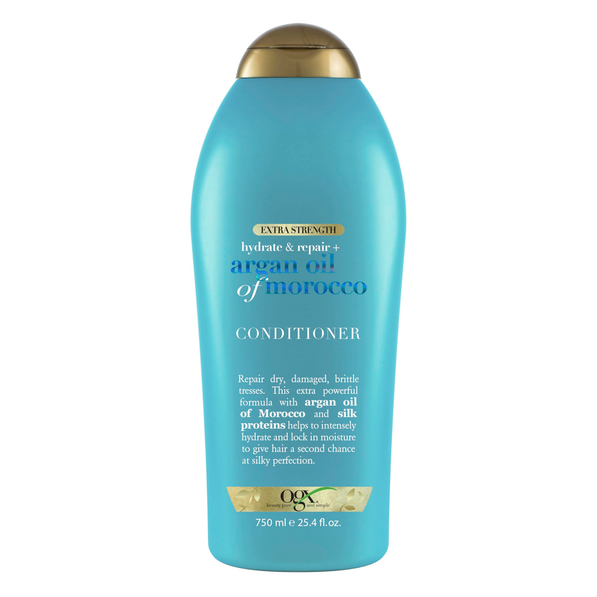 OGX front label showing extra strength argan conditioner and benefits