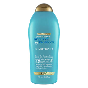 OGX front label showing extra strength argan conditioner and benefits
