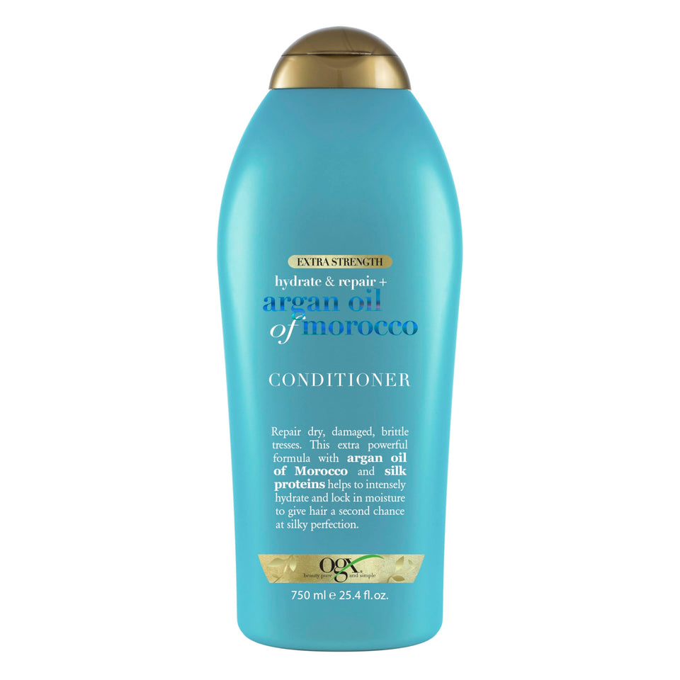 OGX front label showing extra strength argan conditioner and benefits