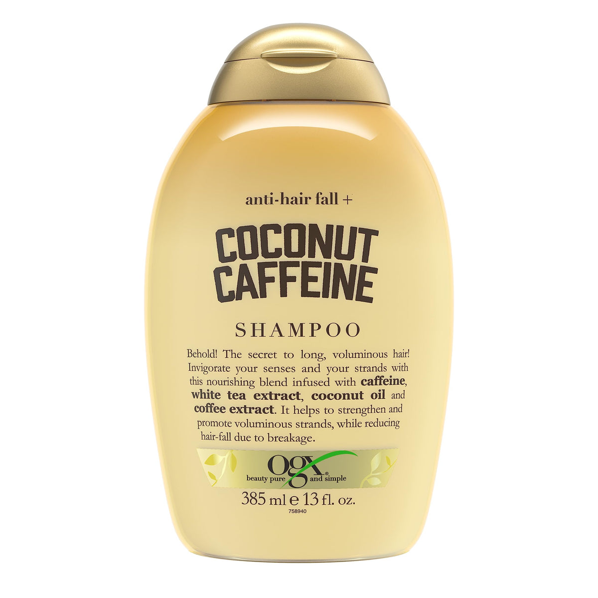 OGX front packaging of anti-hair fall shampoo showing bottle benefit and volume