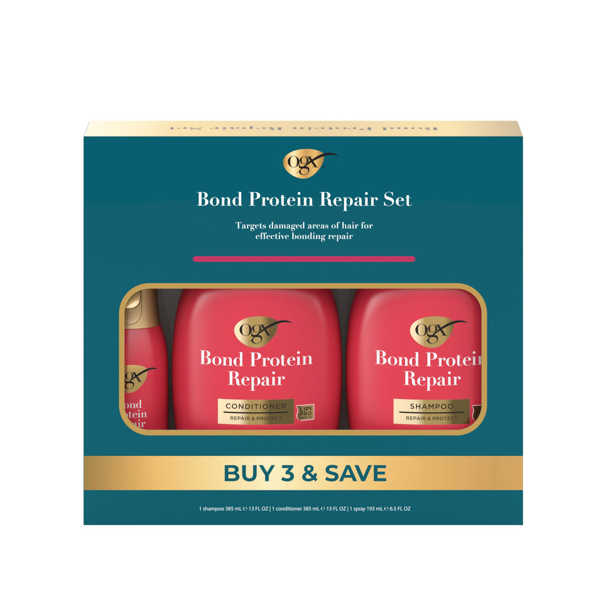OGX front packaging of Repair & Protect set showing all three bottles benefits