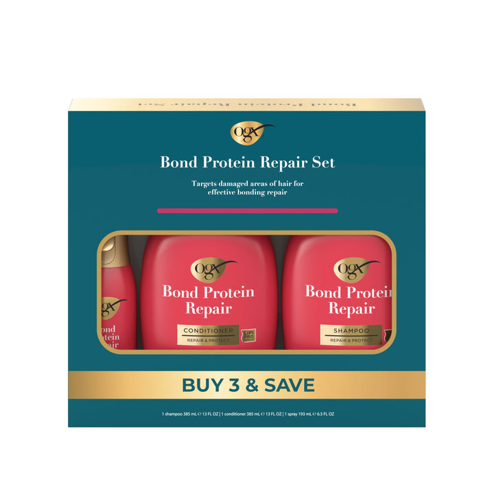 OGX front packaging of Repair & Protect set showing all three bottles benefits