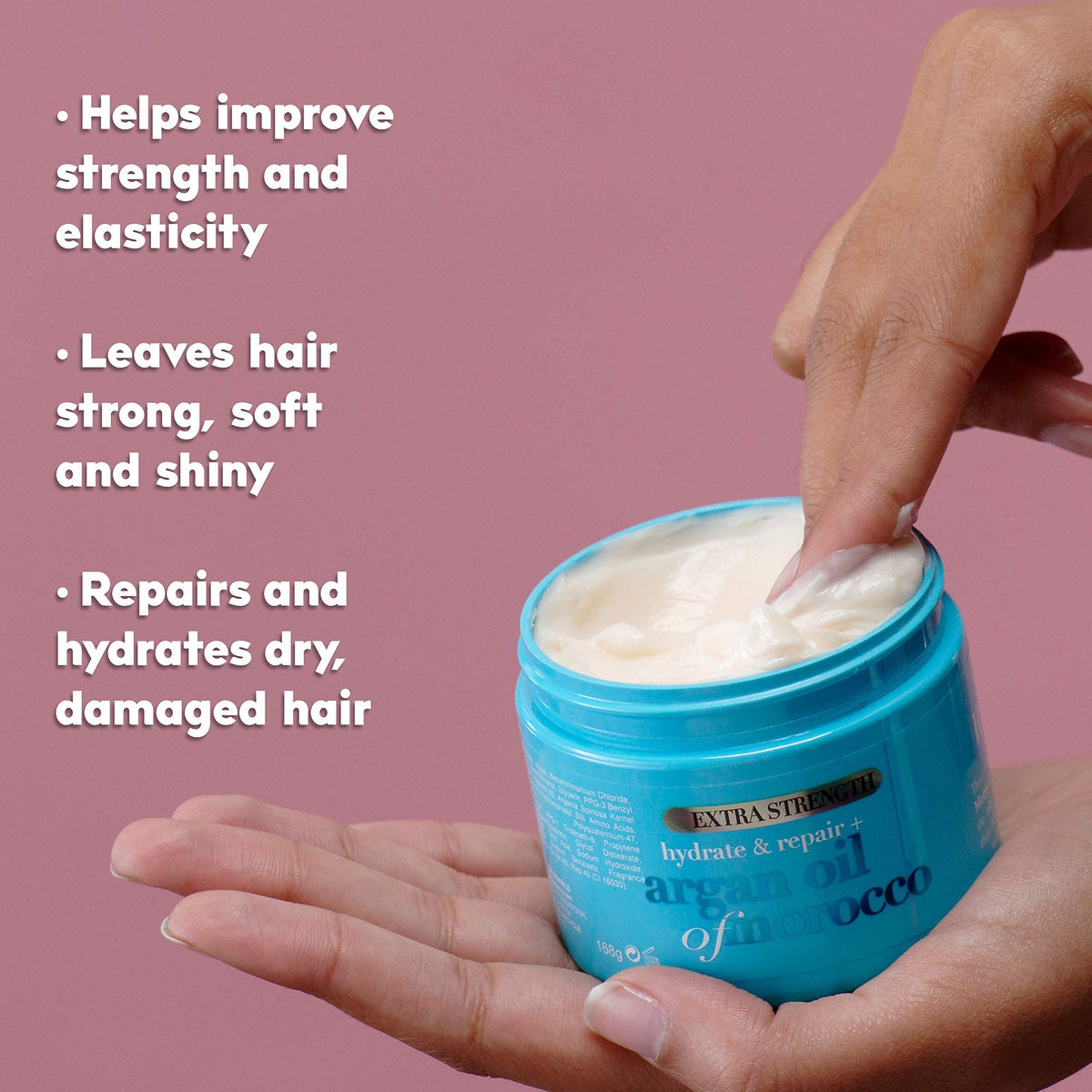OGX label close-up listing silk proteins and argan oil