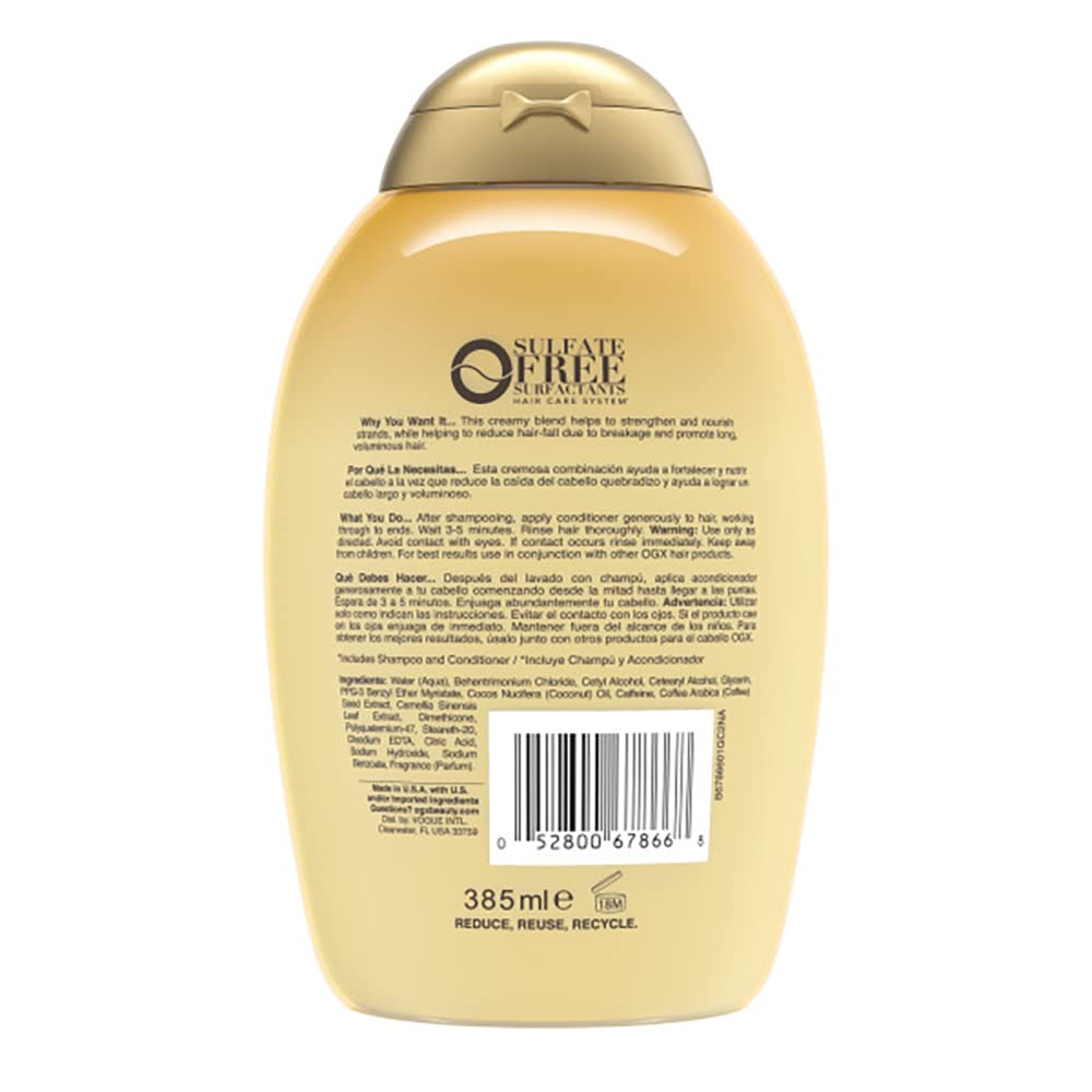 OGX label closeup displaying ingredients and strengthening benefits