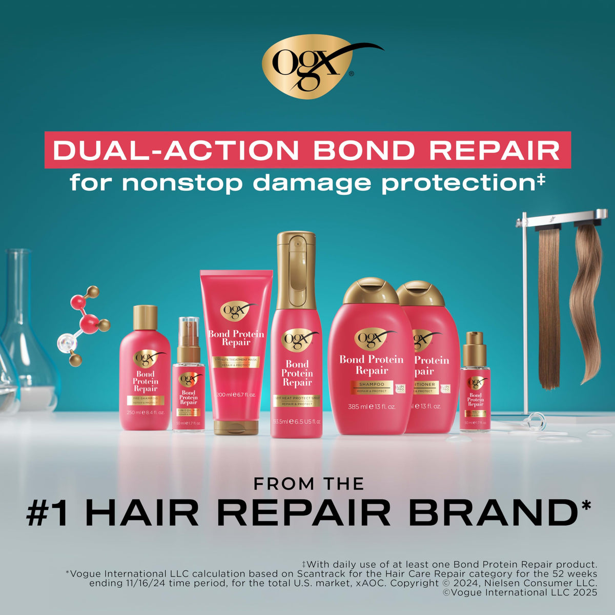 OGX set styled on bathroom shelf showing daily routine and salon-like results benefit