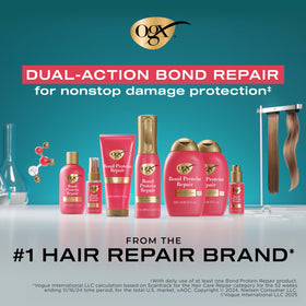 OGX set styled on bathroom shelf showing daily routine and salon-like results benefit