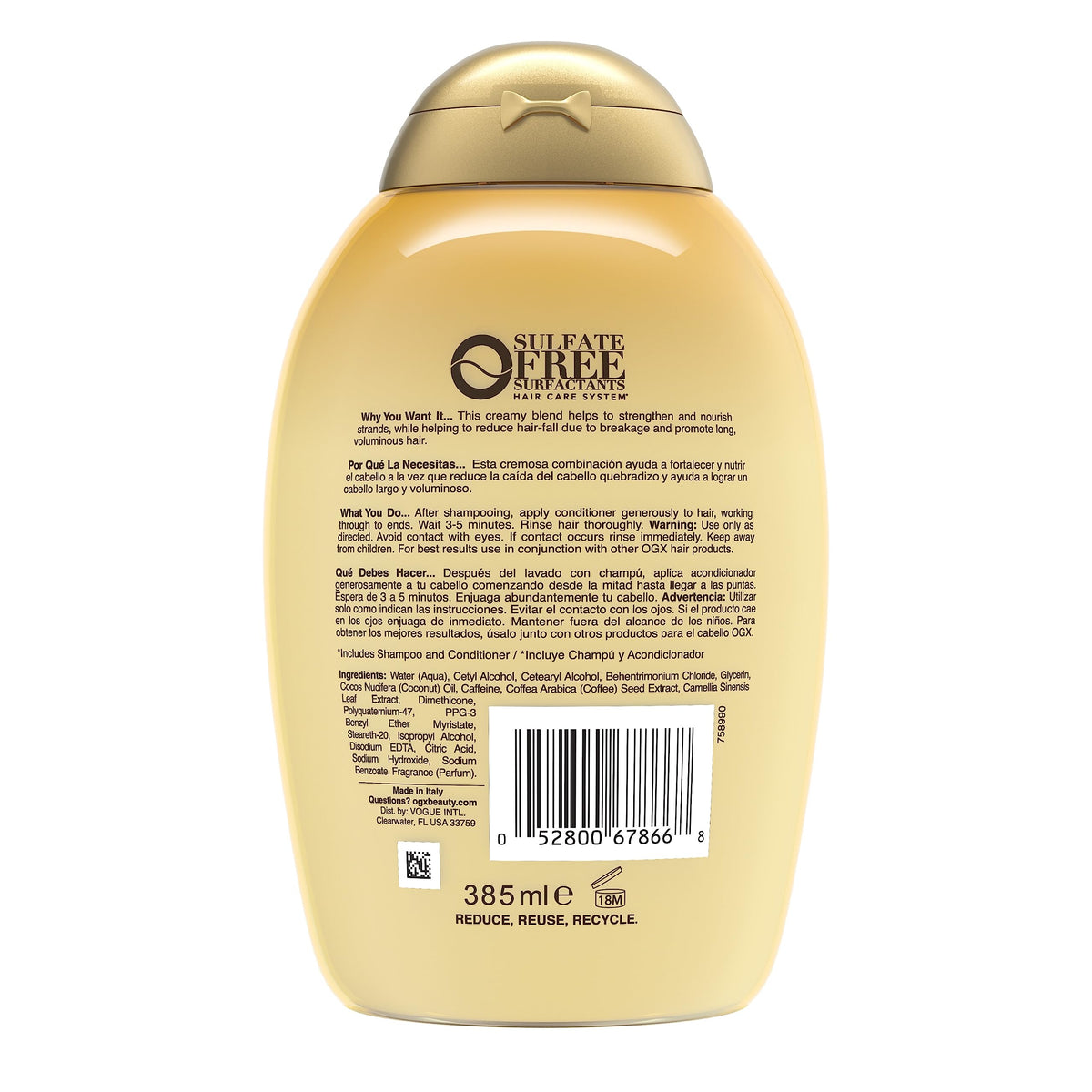 OGX bottle on bathroom shelf in lifestyle scene showing everyday hair care benefit