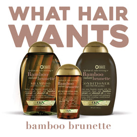 Model applying OGX radiant brunette oil to ends delivering smooth shiny hair benefit